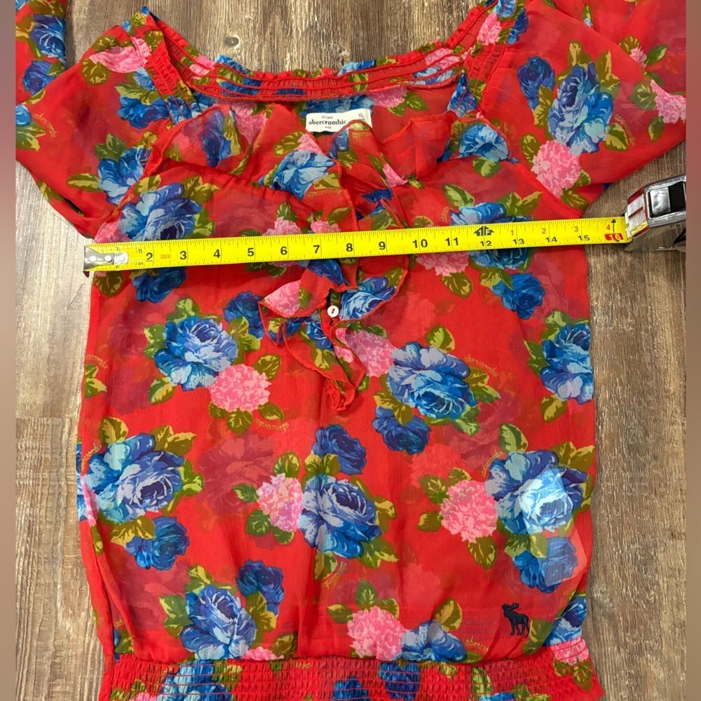 Abercrombie Kids Y2K Red Floral Sheer Stretch Ruffle Top XL Preppy Cute Vintage - Picture 6 of 9
